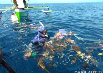 Sampah plastik yang menggenangi tempat hiu paus di Desa Botubarani, Kecamatan Kabila Bone, Gorontalo. FOTO: CHRISTOPEL PAINO