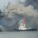 Kapal tanker MT Jag Leela terbakar di galangan kapal milik PT Waruna Nusa Sentana Shipyard Belawan, Medan, Senin (11/5). FOTO: HUBLA