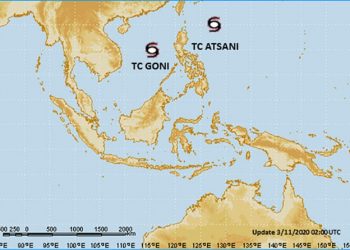 Peta Sikon tropis Goni dan sikon tropis Atsani, pada Minggu 1 November 2020. TCWC-BMKG