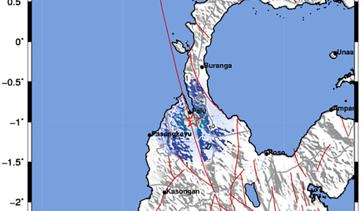 Shake map gempa dengan magnitudo (M)4, di wilayah Kota Palu, Sabtu (10/7). BMKG/BNPB