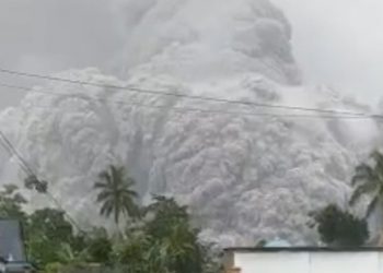 Aktivitas vulkanik Gunung Semeru yang ditunjukkan dengan terjadinya guguran awan panas mengarah ke Besuk Kobokan, Kabupaten Lumajang, Jawa Timur, Sabtu (4/12). FOTO: BPBD Kabupaten Lumajang/BNPB