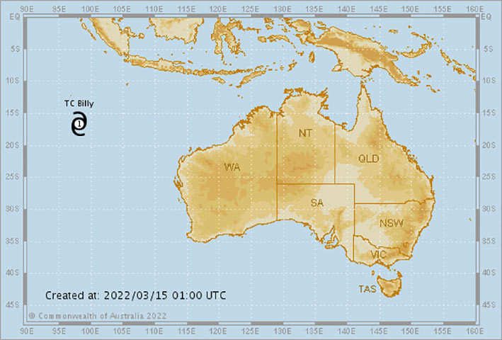 Siklon tropis Billy terbentuk di Samudra Hindia, Selasa (15/3) pagi. GAMBAR: Australian Bureau of Meteorology