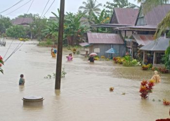 Banjir yang merendam pemukiman warga Kabupaten Wajo, Sabtu (9/7). FOTO: BPBD Kabupaten Wajo/BNPB