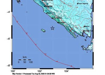 Gempabumi tektonik M6,5 di Samudra Hindia barat Bengkulu, Selasa (23/8) malam. GAMBAR: BMKG
