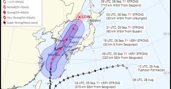 Topan Hinnamnor Mendekat dan Akan Melintasi Pesisir Korea Selatan