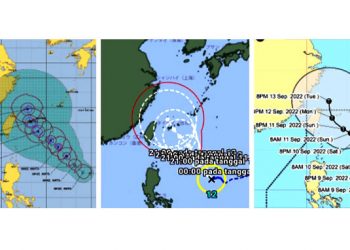 Trek (jalur) lintasan siklon tropis Muifa Joint Typhoon Warning Center, JTWC (kiri); Japan Meteorological Agency, JMA (tengah)) dan Philippine Atmospheric, Geophysical, and Astronomical Services Administration, PAGASA (kanan). GAMBAR: JTWC, JMA DAN PAGASA