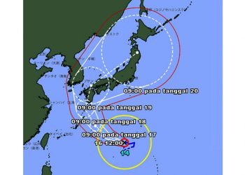 Siklon tropis Nanmadol bergerak ke barat Kamis (15/9) di Samudra Pasifik. Sistem ini dipredikasi akan bergerak ke pulau-pulau kecil dan pesisir wilayah Jepang. GAMBAR: Badan Meteorologi Jepang/JMA