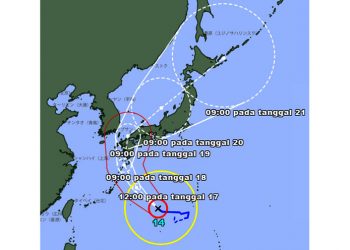 Topan Nanmadol Jumat (16/9) di Samudra Pasifik Barat mendekati perairan Jepang. Sistem ini dipredikasi akan membentuk angin topan yang sangat kuat. GAMBAR: Badan Meteorologi Jepang/JMA