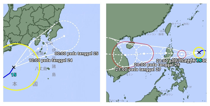 Trek lintasan siklon tropis Talas, topan nonor 15 (kiri) dan Noru nama Filipina “Karding” topan nomor 16 (kanan). GAMBAR: Badan Meteorologi Jepang/JMA