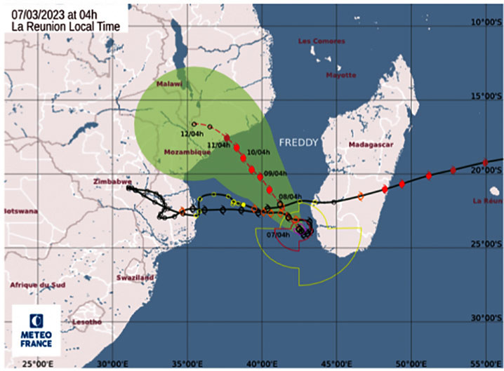 Trek lintasan Topan Freddy di Alur Mozambik (Mozambique Channel) Maret 2023. GAMBAR: WMO