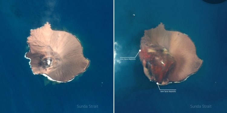 Copernicus Sentinel-2 Tampilkan Perubahan Bentuk Anak Krakatau Sebelum dan Setelah Letusan 25 Jam