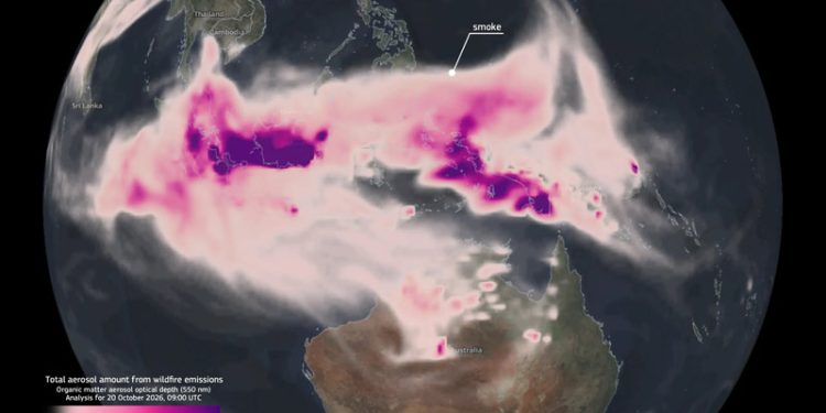 Copernicus Atmosphere Tampilkan Sebaran Asap Dalam Jumlah Besar Menutup Kepulauan Indonesia